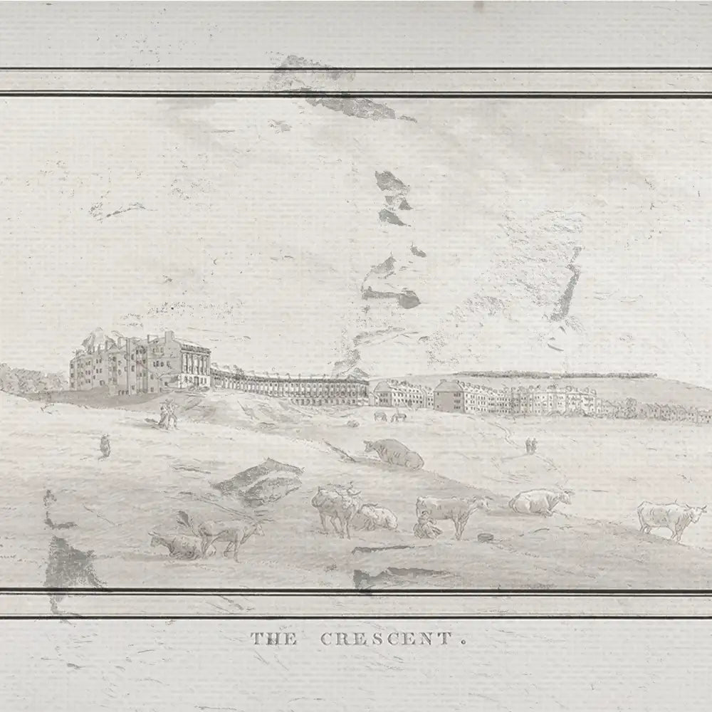 Artwork featuring a historical scene of The Crescent, depicting buildings and cattle on open land with a muted color palette.