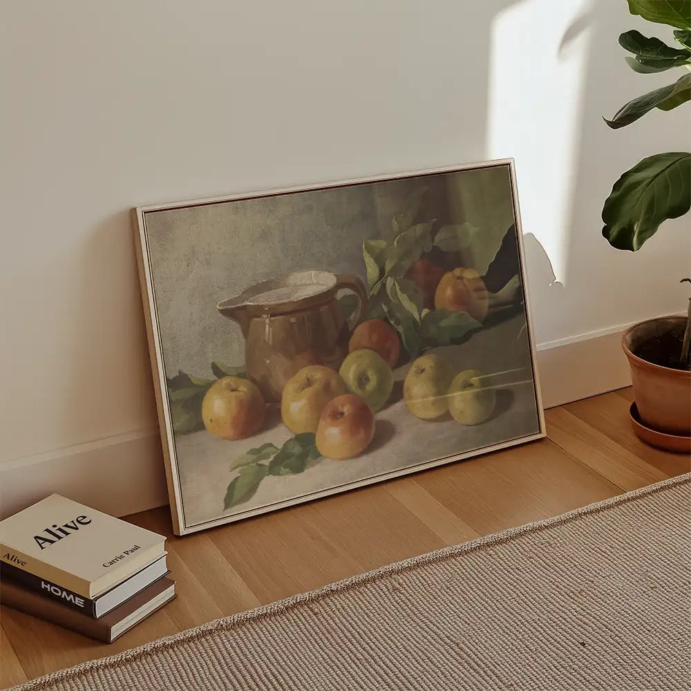 Still life painting of apples and a ceramic jug, displayed in a cozy interior setting.