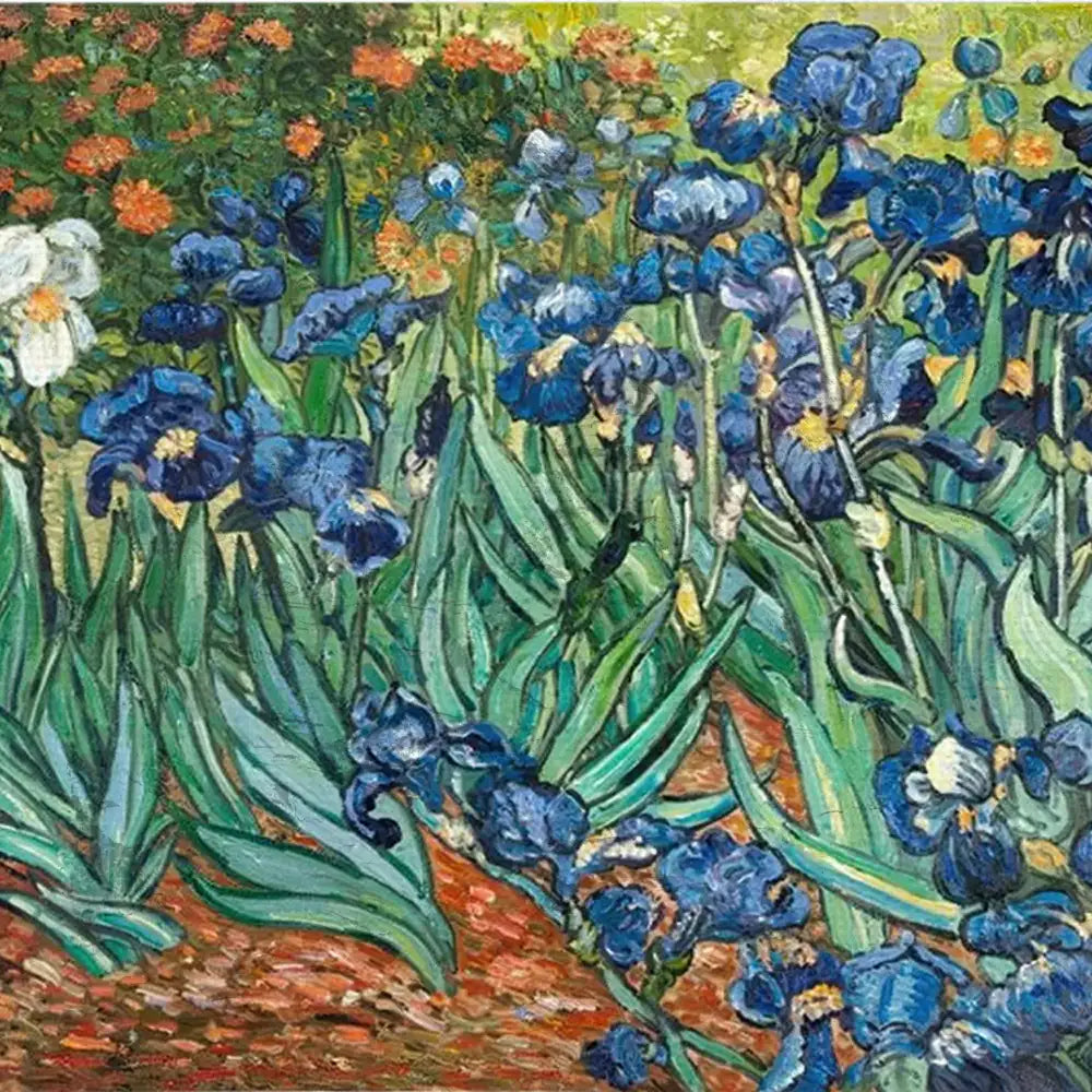 A vibrant painting of blue irises in a lush garden setting, featuring greenery and bursts of orange flowers.