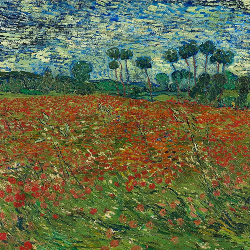 Colorful painting of a vibrant red poppy field under a blue sky with wispy clouds and green trees in the background.