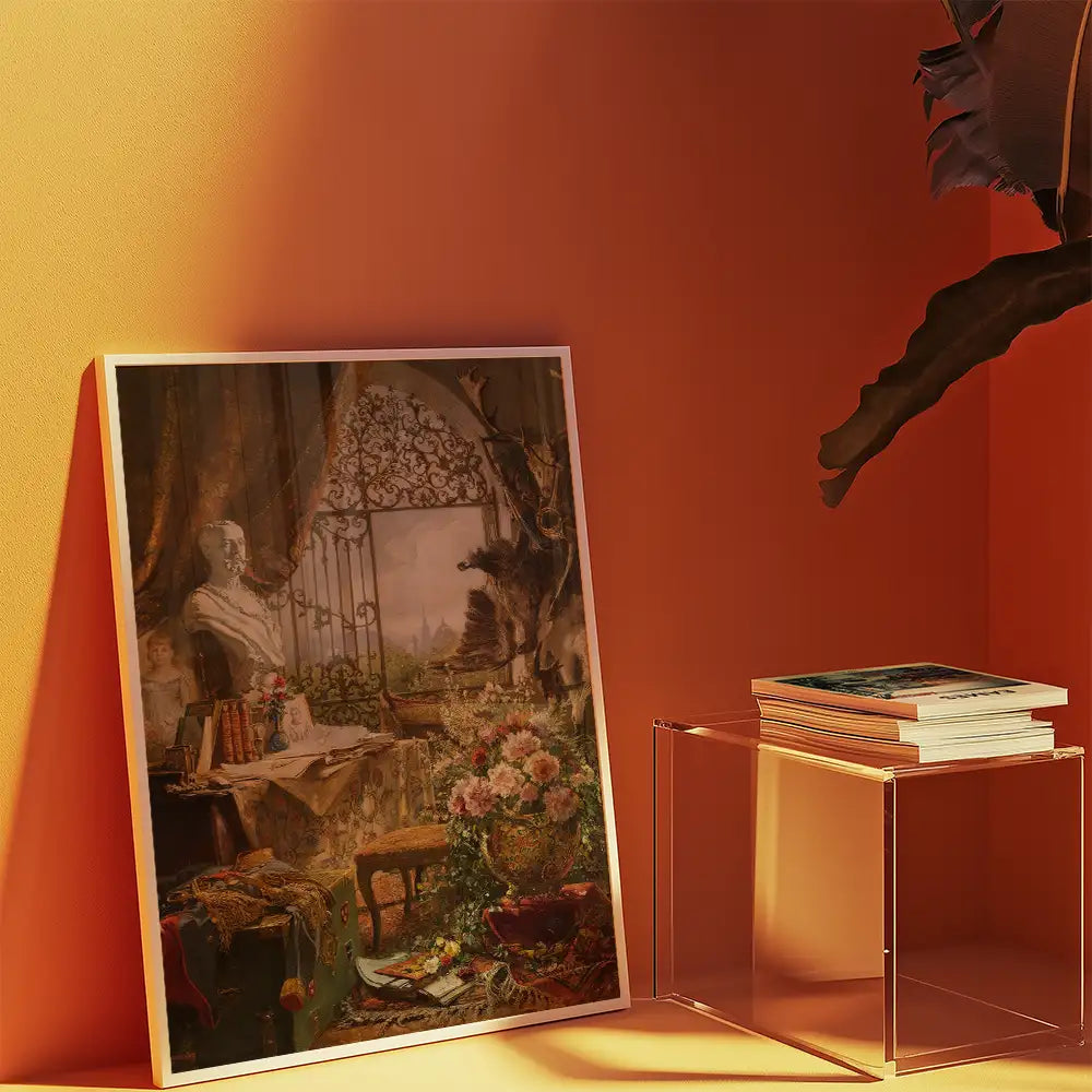 Painting of a classical interior scene featuring a statue, floral arrangement, and an ornate window, displayed against an orange wall.