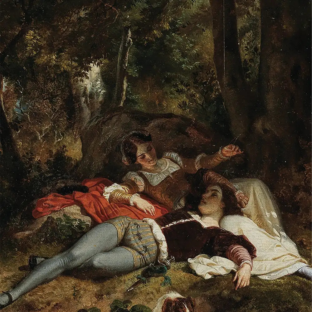 Romantic painting of two figures reclining together in a forest, with lush green trees and a sense of intimacy.