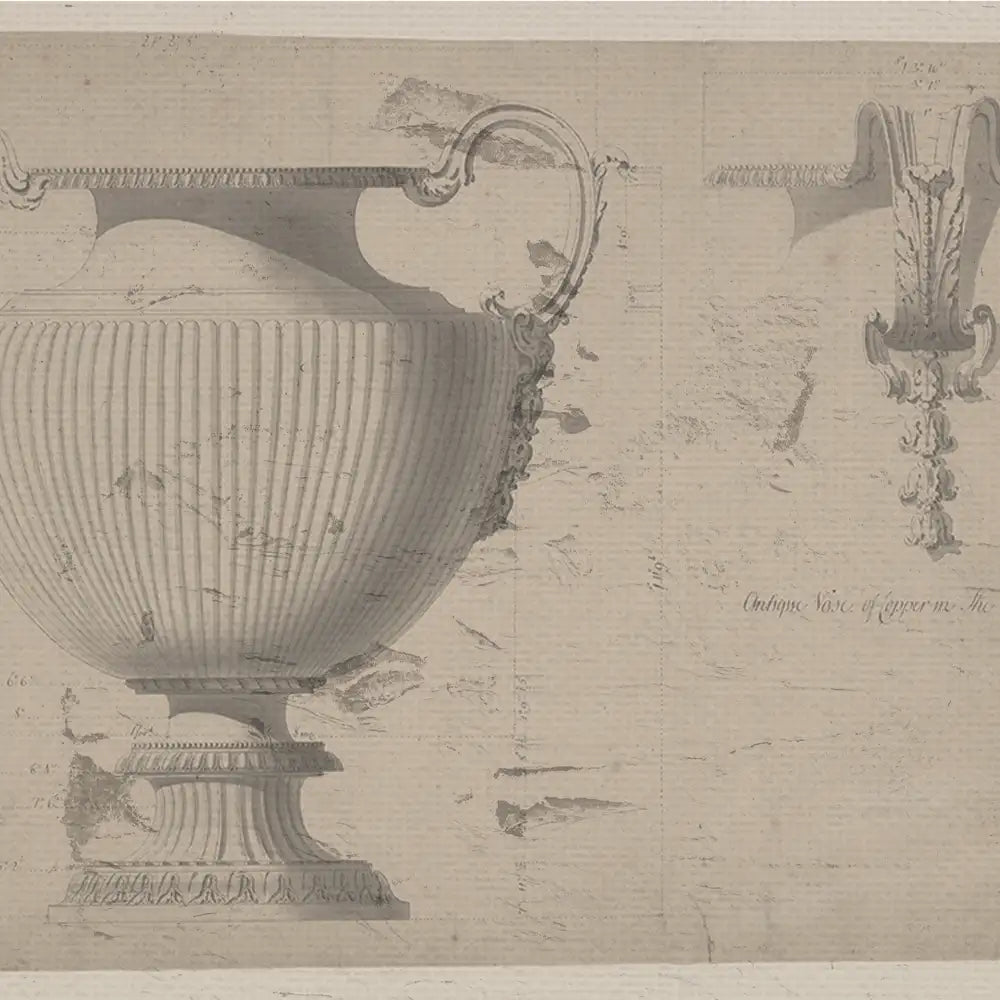 Antique drawing of a decorative urn with ribbed design and embellished handles, accompanied by architectural motifs on a textured background.