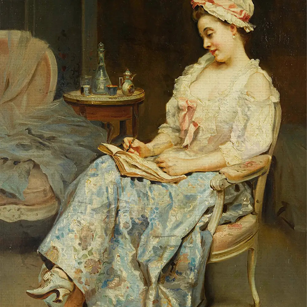 A woman seated in a chair, writing in a book, wearing a white blouse and blue floral skirt, with a cozy interior setting in the background.
