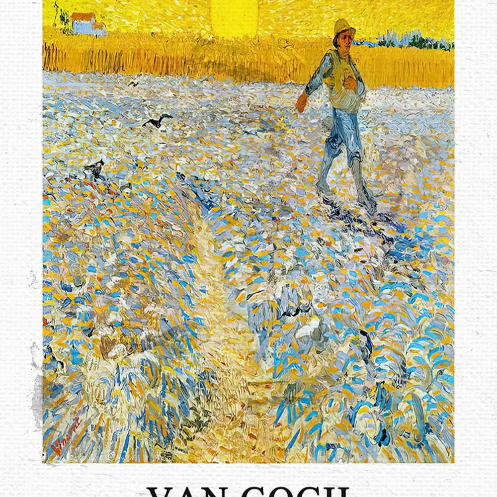 Painting of a figure walking through a field under a bright yellow sun, inspired by the style of Van Gogh, featuring bold brushstrokes and vibrant colors.