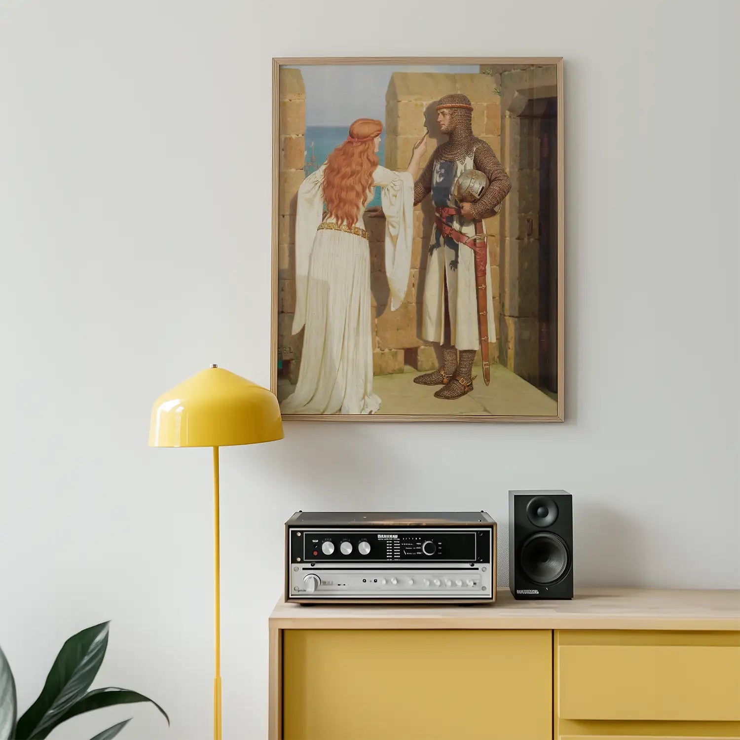 Painting of a noblewoman in a flowing white gown interacting with a knight in armor, displayed above a yellow floor lamp and a vintage audio setup on a wooden sideboard.
