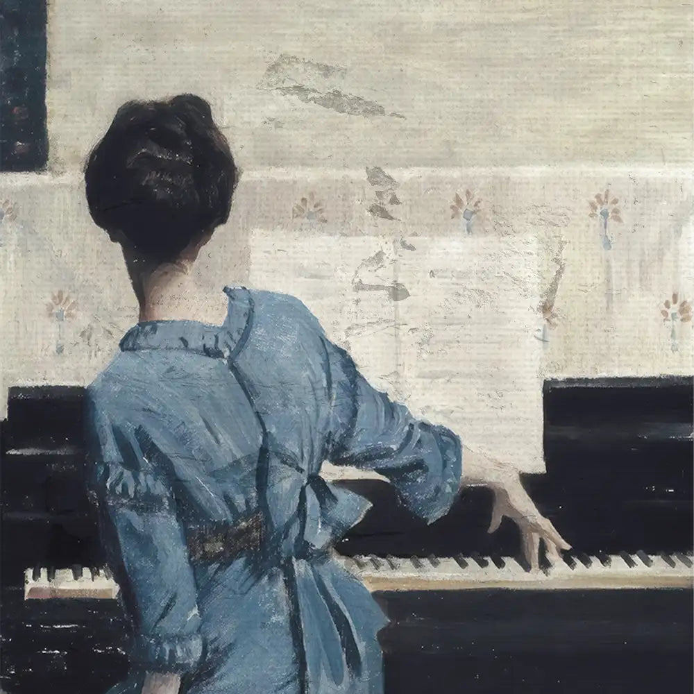 Painting of a woman in a blue dress sitting at a piano, viewed from behind, with sheet music visible and a textured background.