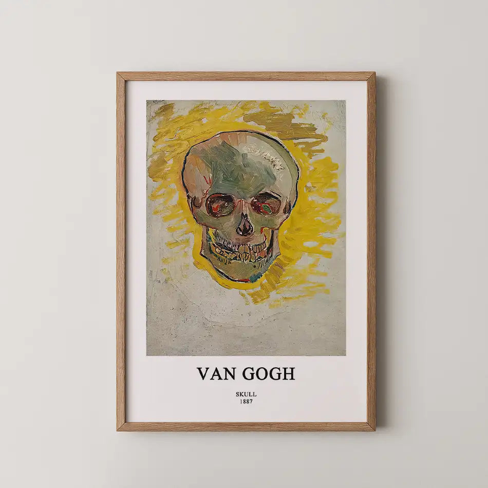 Artwork featuring a skull by Van Gogh, painted in 1887, framed with a wooden border.