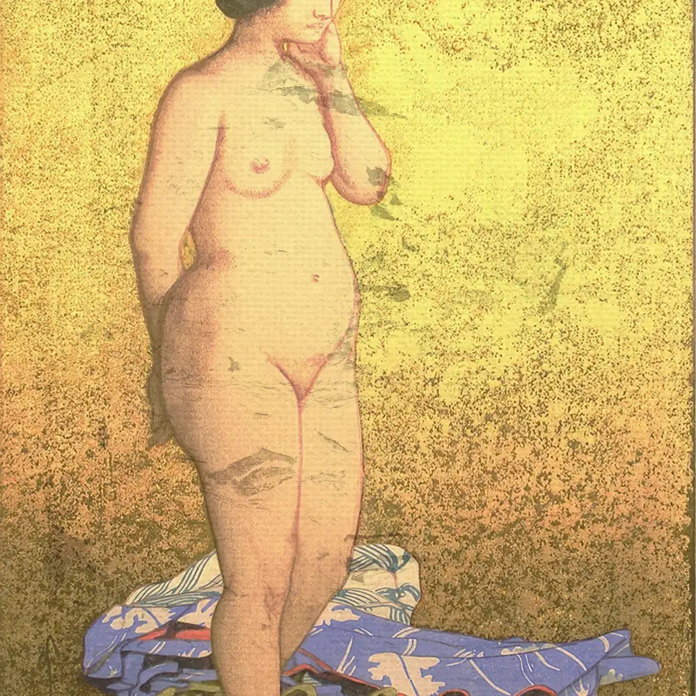 Nude woman standing on patterned fabric against a golden background, in a contemplative pose.