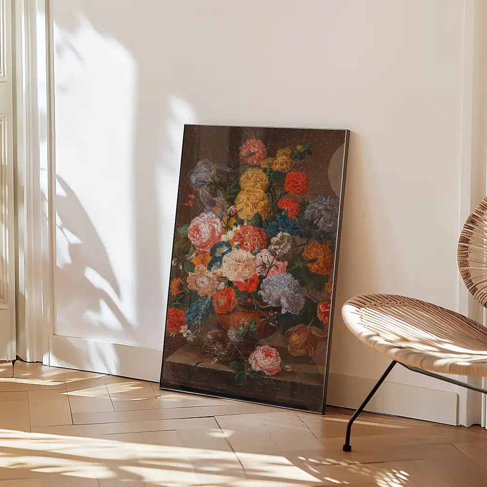 Painting of a colorful floral arrangement in a pot, leaning against a wall with light casting shadows.