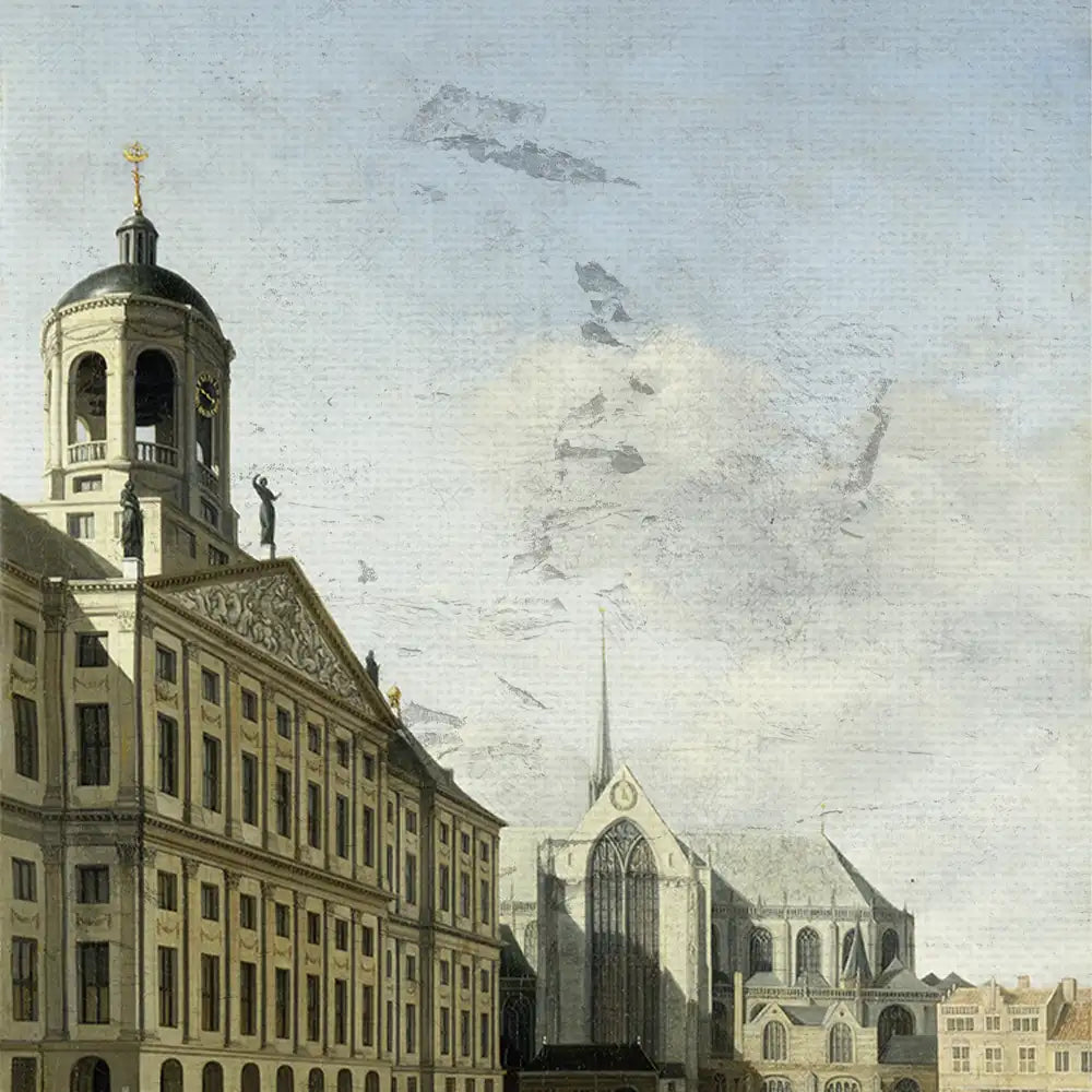 Historic cityscape painting featuring detailed architecture, including a domed building with statues and a gothic church, under a cloudy sky.