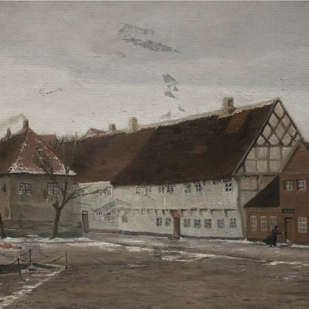 A rustic landscape painting depicting traditional buildings with sloped roofs and a tree in a quiet setting under a cloudy sky.