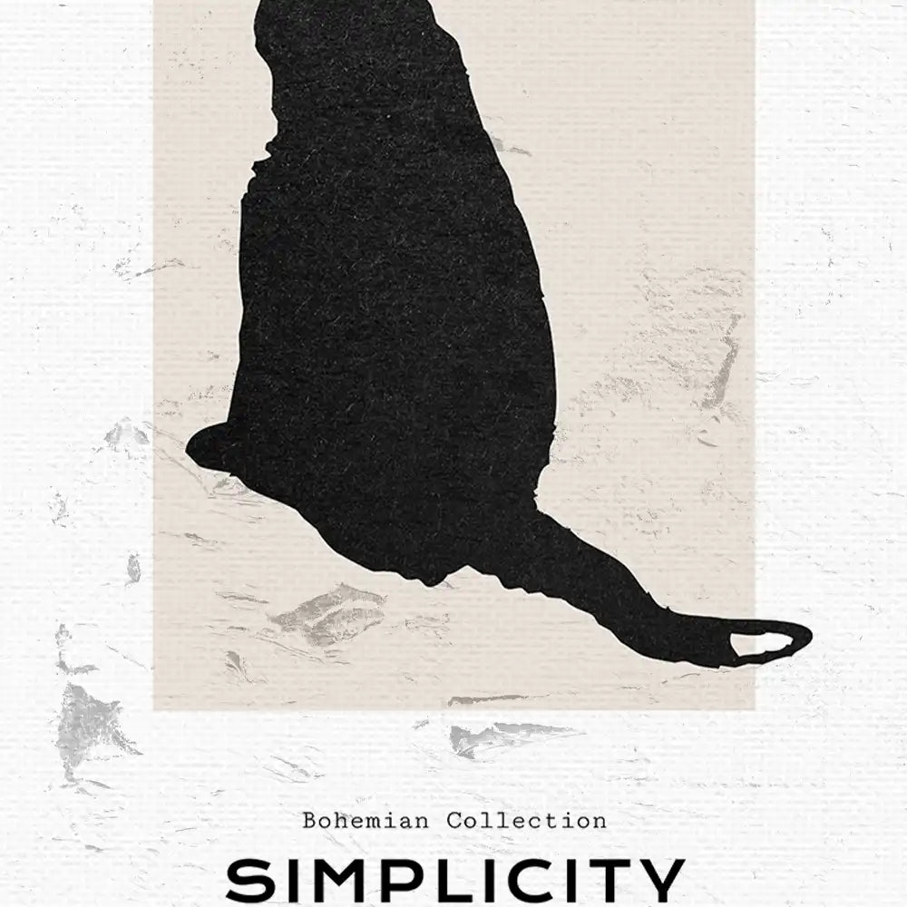 Modern poster print featuring a minimalist black silhouette of a cat against a textured beige background, part of the Bohemian Collection, titled "Simplicity."