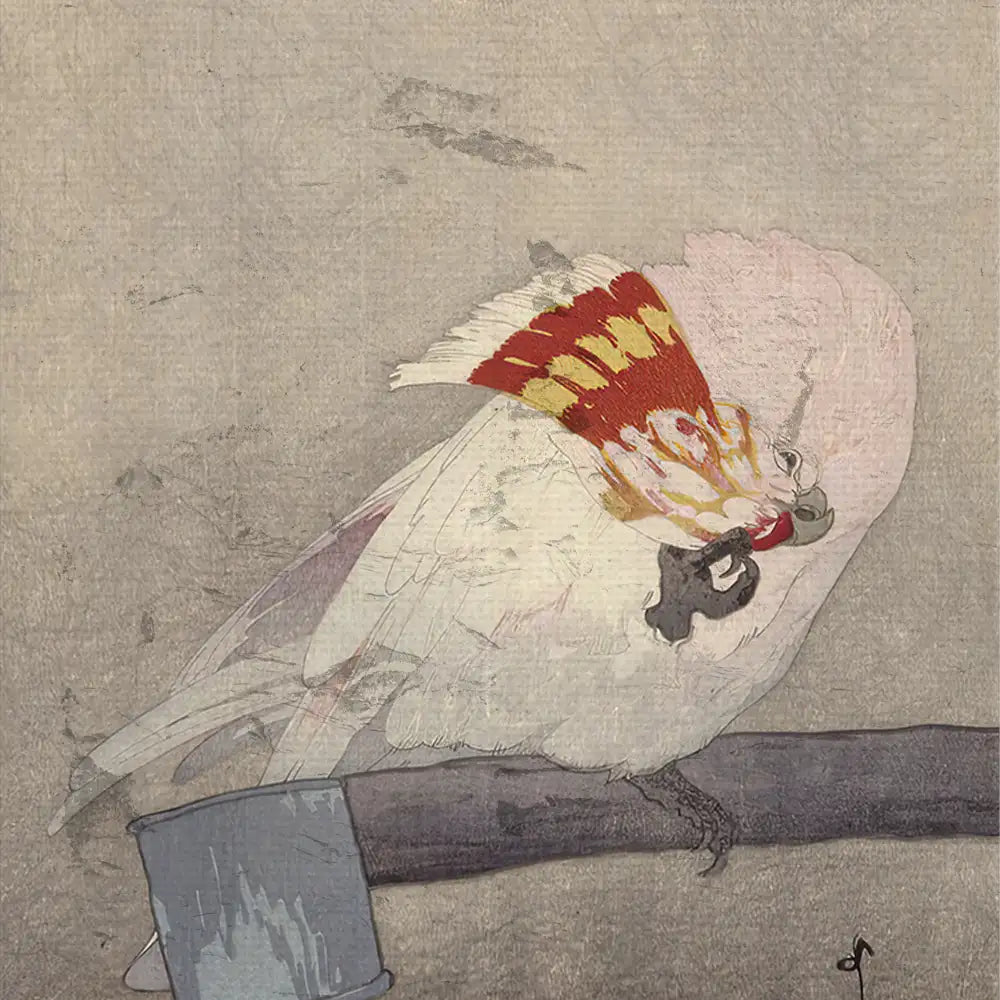 A delicately painted white bird with colorful feathers perched on a branch, portraying a serene and artistic mood.
