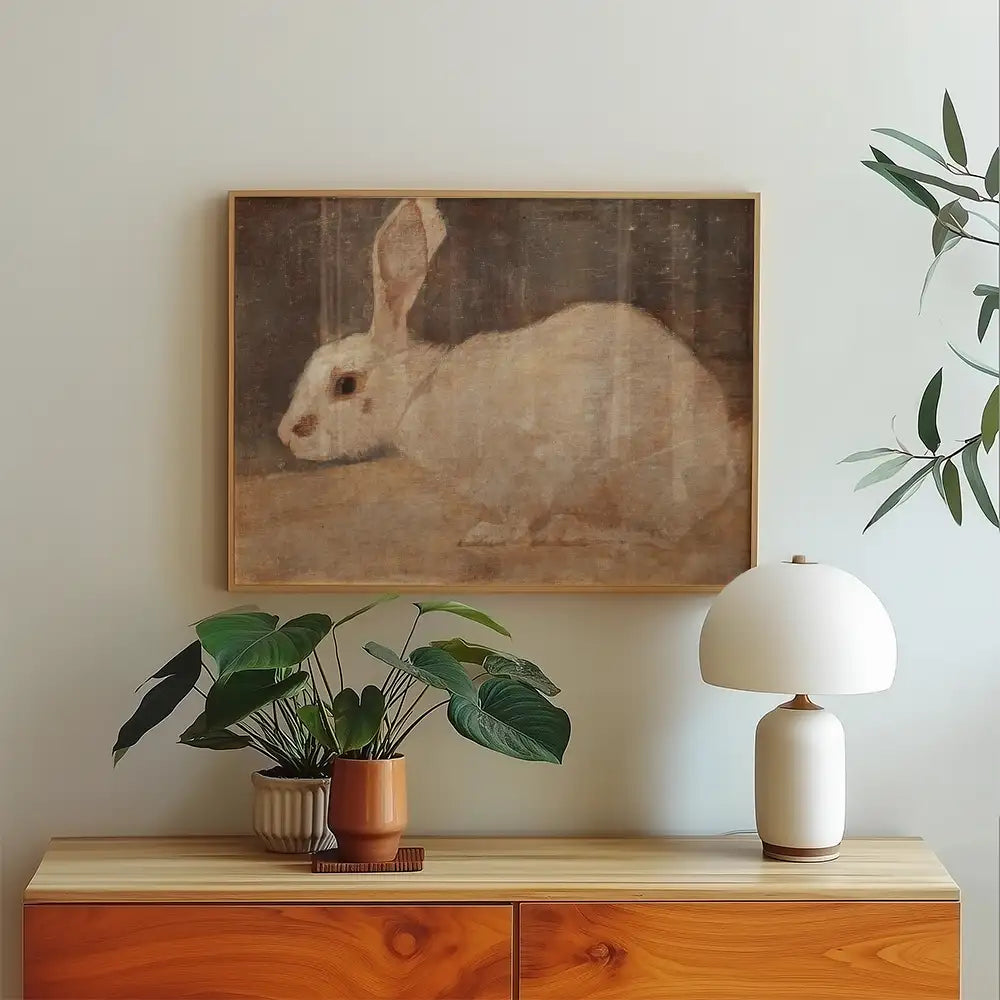 A vintage painting of a white rabbit framed on a wall above a wooden dresser with a plant and lamp on top