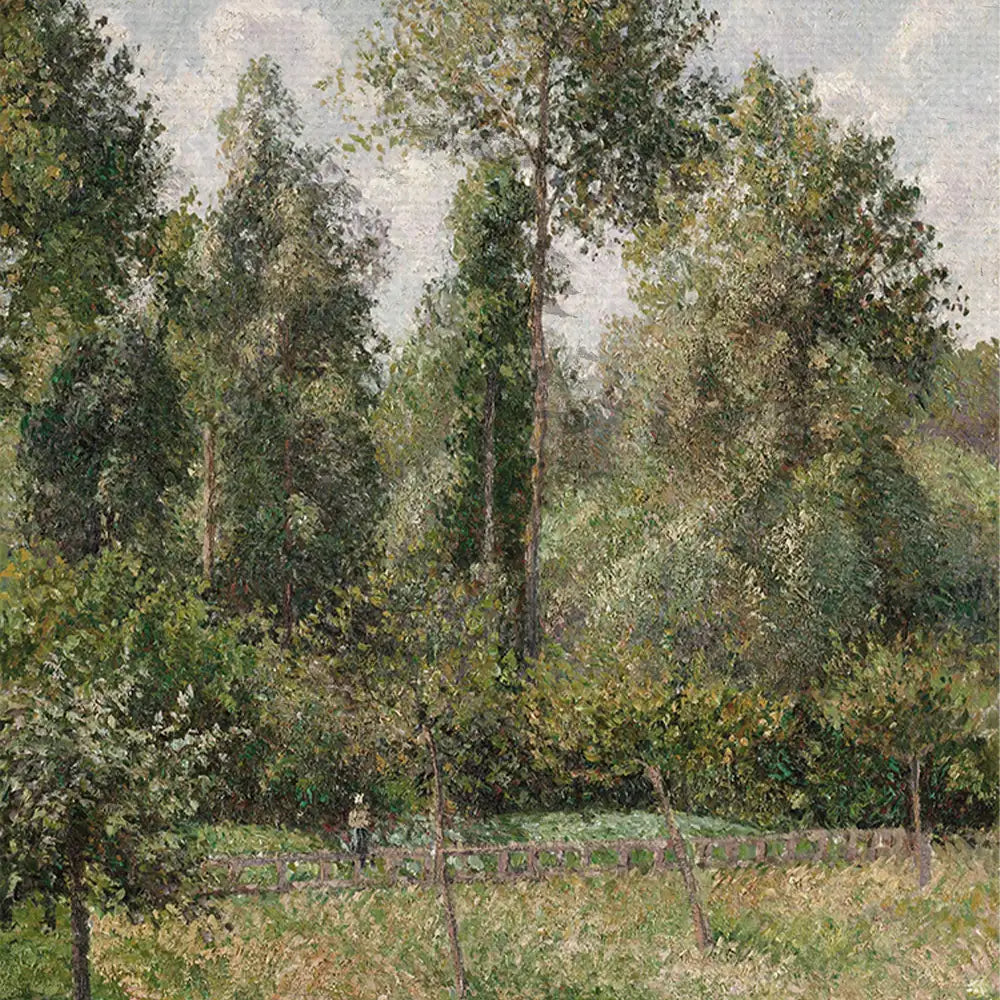 Landscape painting featuring tall trees, lush greenery, and a tranquil setting with a pathway in a natural environment.