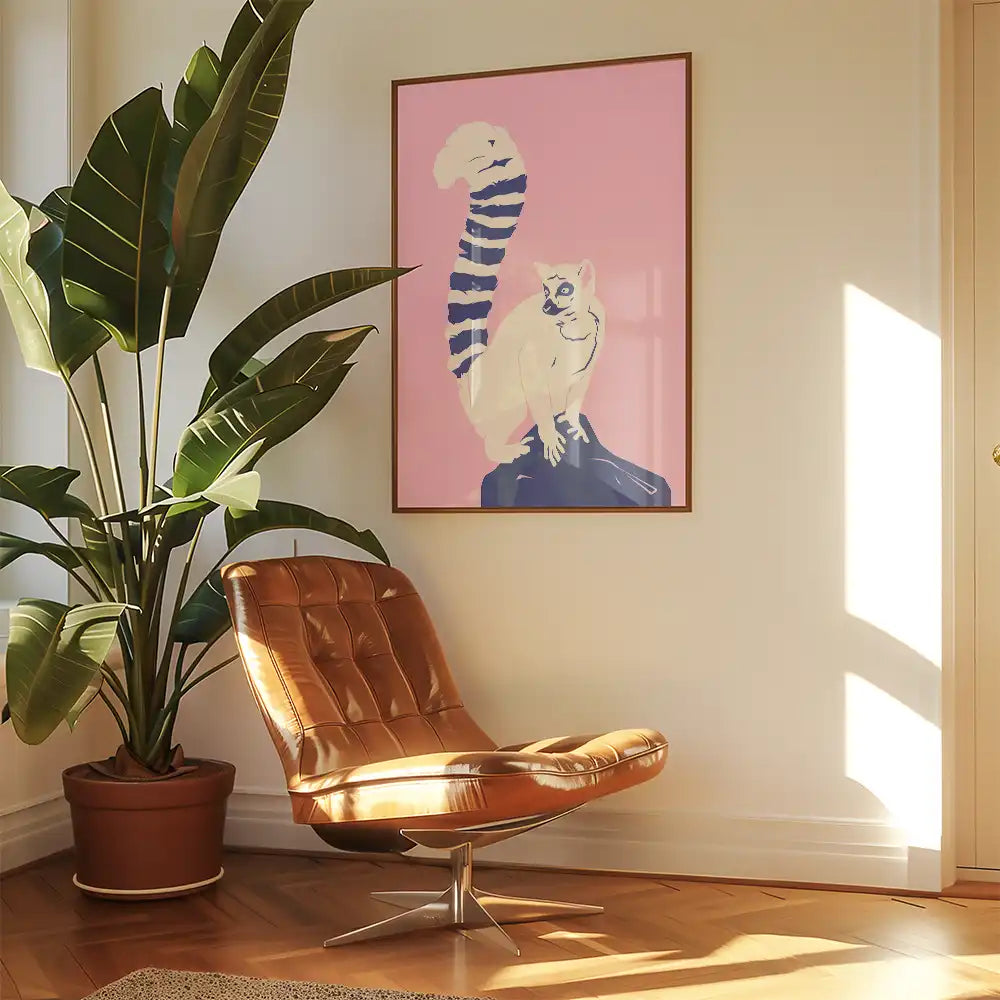 Modern poster featuring a stylized cat with a striped tail against a pink background, perfect for adding a contemporary touch to your home decor.