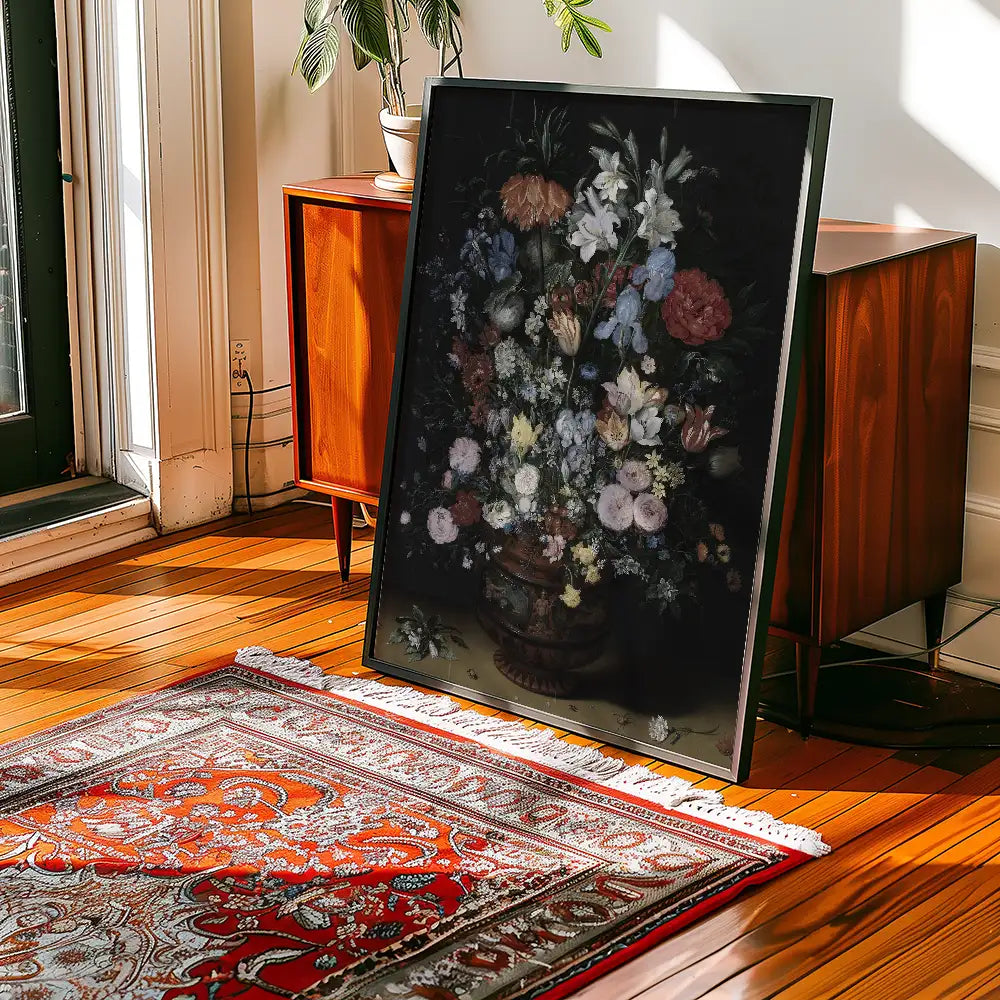 Framed floral painting displayed in a bright room with wooden floors and a decorative rug.
