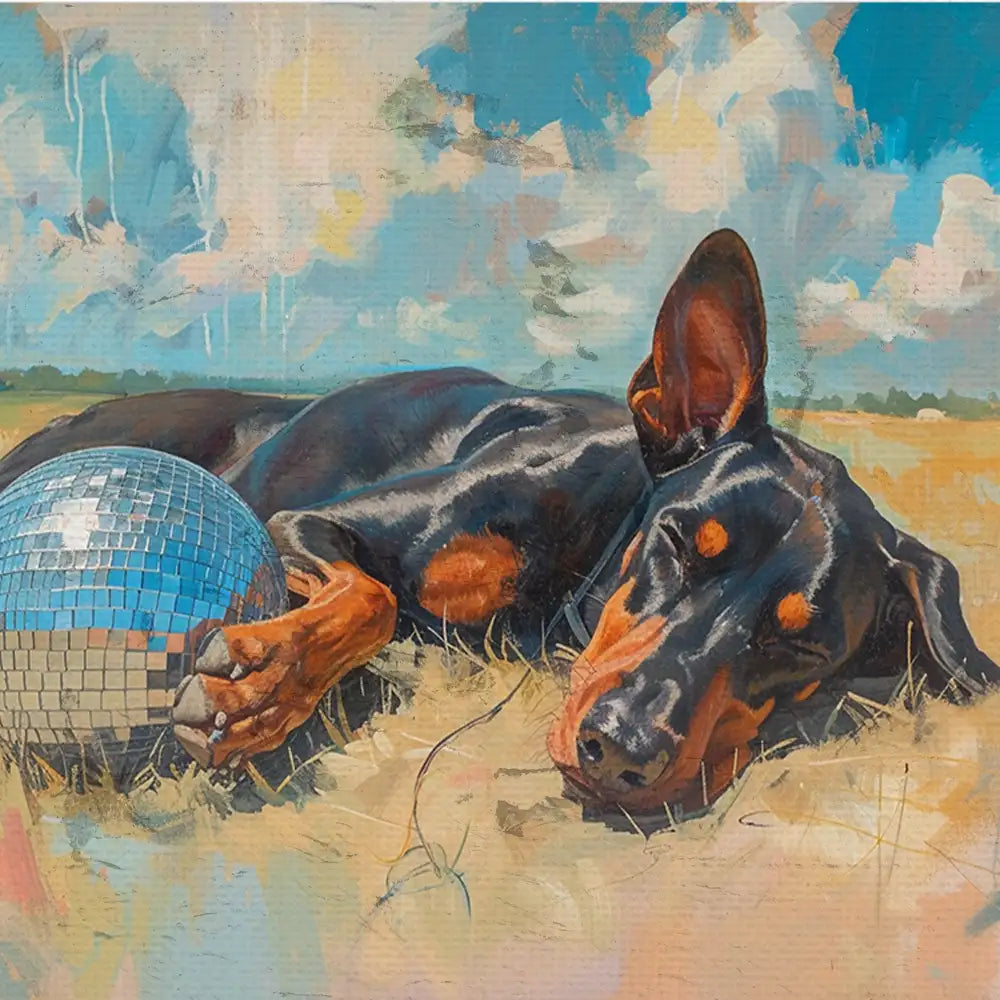 Modern art poster featuring a relaxed Doberman lying on grass next to a disco ball, with a vibrant blue sky and clouds in the background.