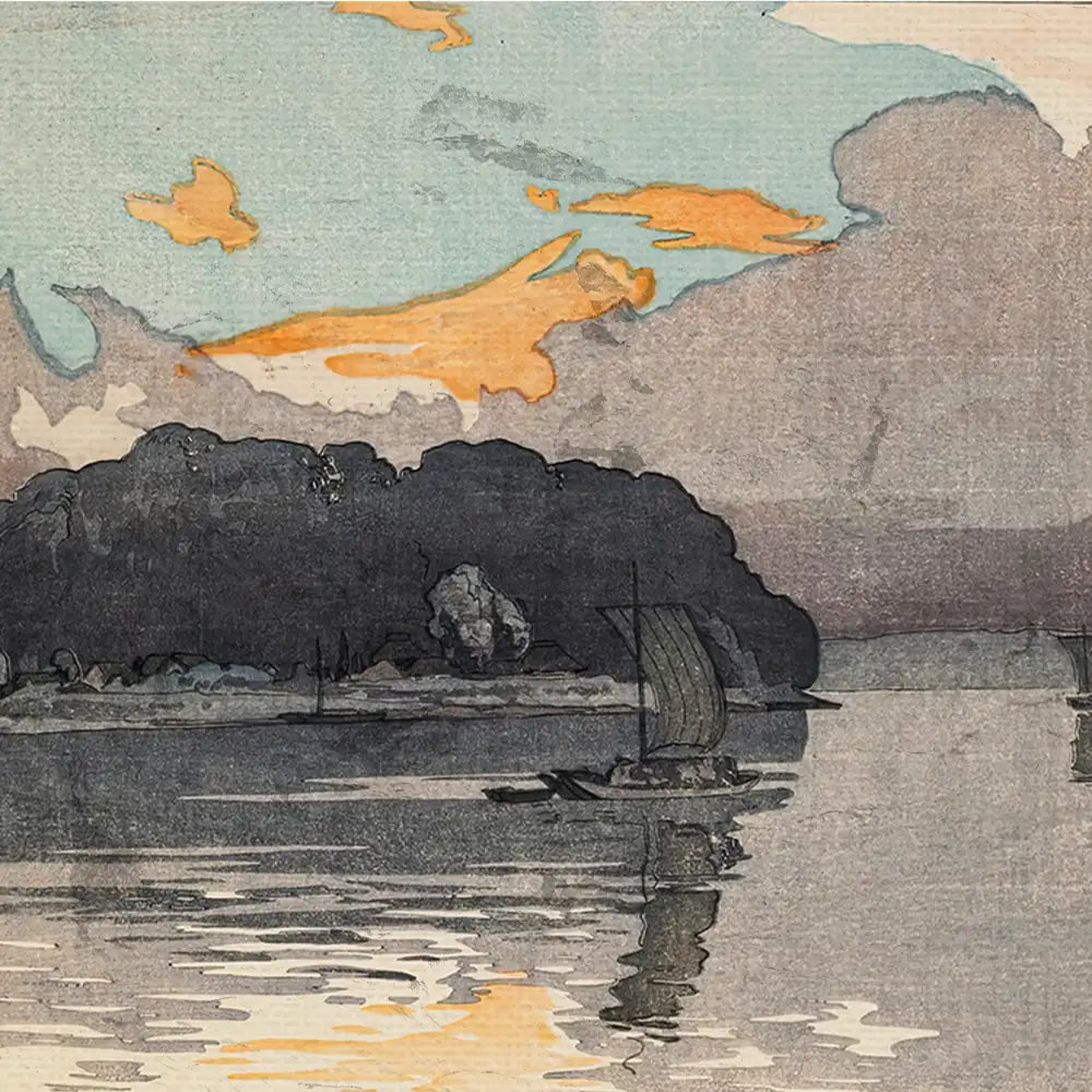 Colorful landscape painting depicting boats on water at sunset with cloudy sky and reflections on the surface.