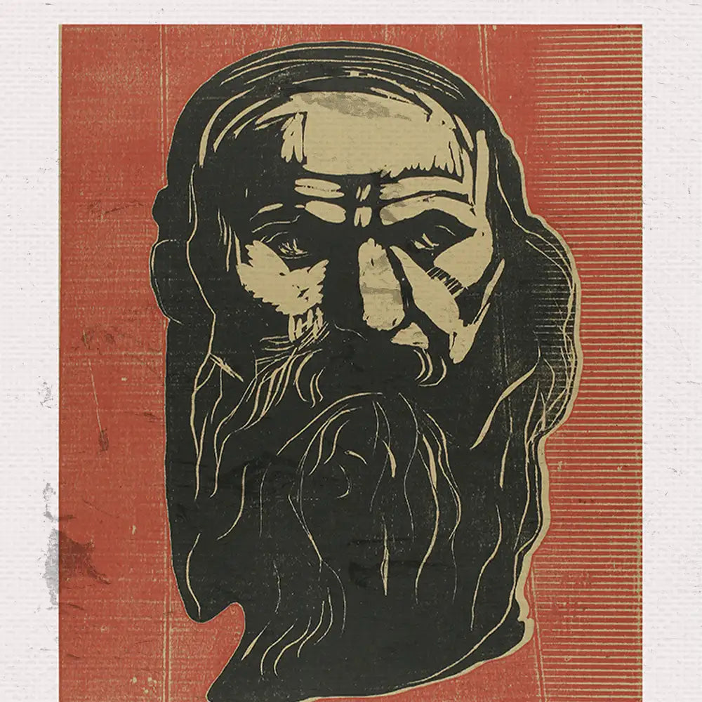 Artistic portrait of a bearded man set against a textured red background.