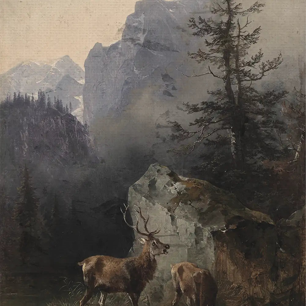 A scenic painting featuring two deer near a large rock in a misty mountainous landscape with towering cliffs and pine trees.