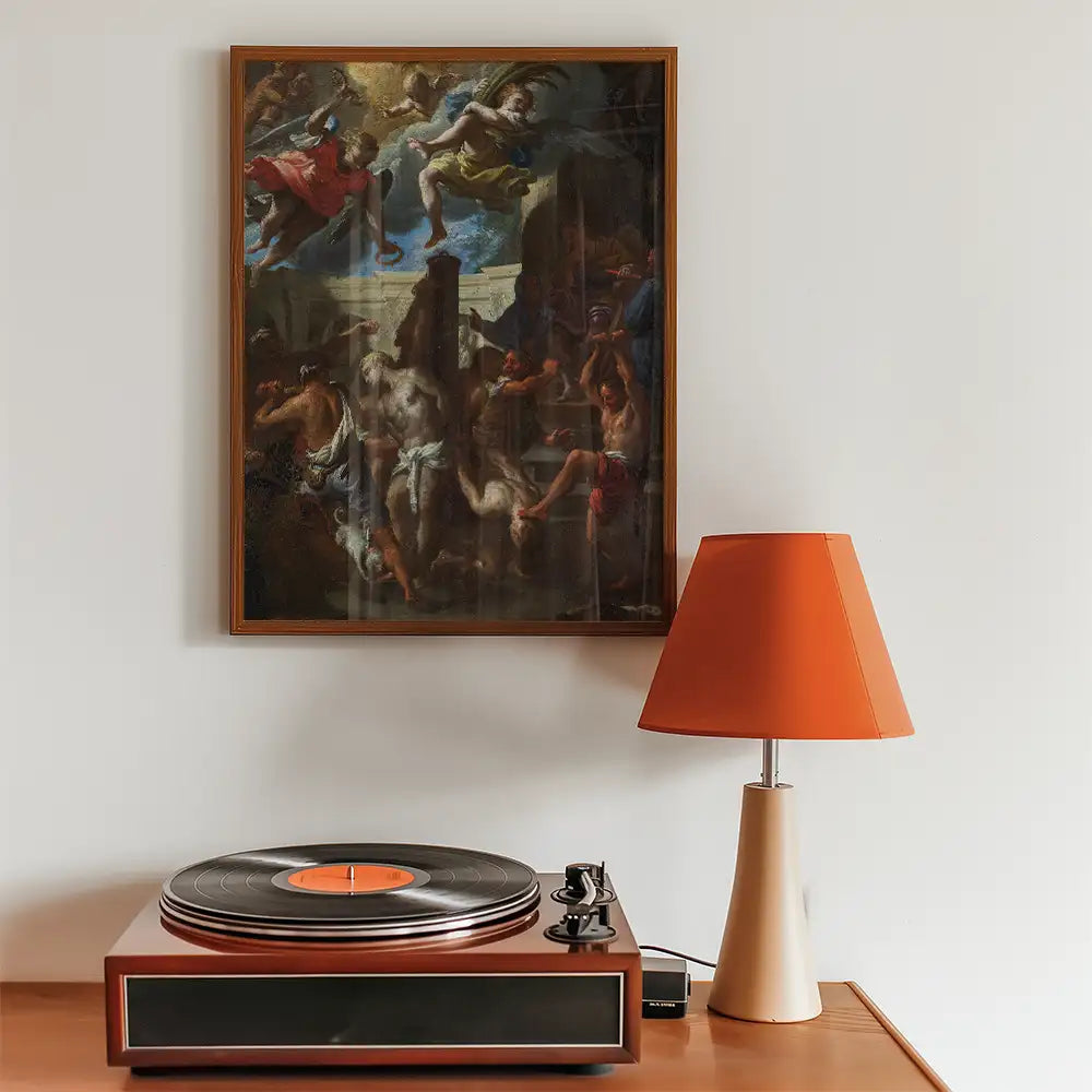 Framed painting of a dramatic historical scene hanging above a vintage-style record player and an orange lamp in a modern interior setting.