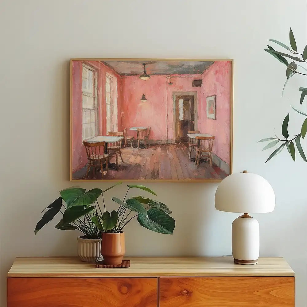 Modern reprint of a famous painting featuring a cozy interior with pink walls, wooden floors, and simple furniture, perfect for home decor.