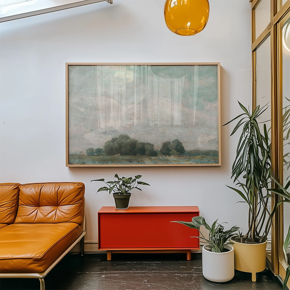 Framed landscape painting hanging on a wall above a red cabinet, with a brown leather sofa and indoor plants in a modern living space.