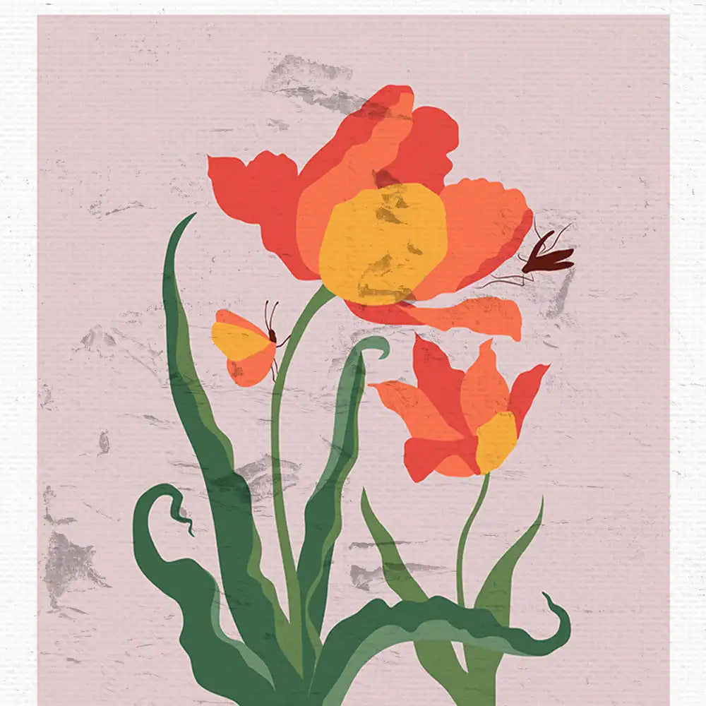 Modern art poster featuring vibrant red and yellow flowers with green leaves and a butterfly against a soft pink background. Perfect for home decor and art enthusiasts.