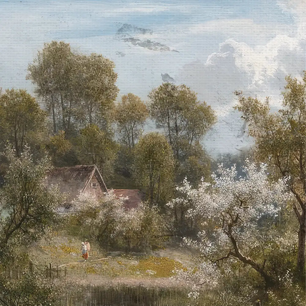 Landscape painting featuring a serene rural scene with a rustic house, flowering trees, and two figures walking along a path surrounded by lush greenery and a calm sky.