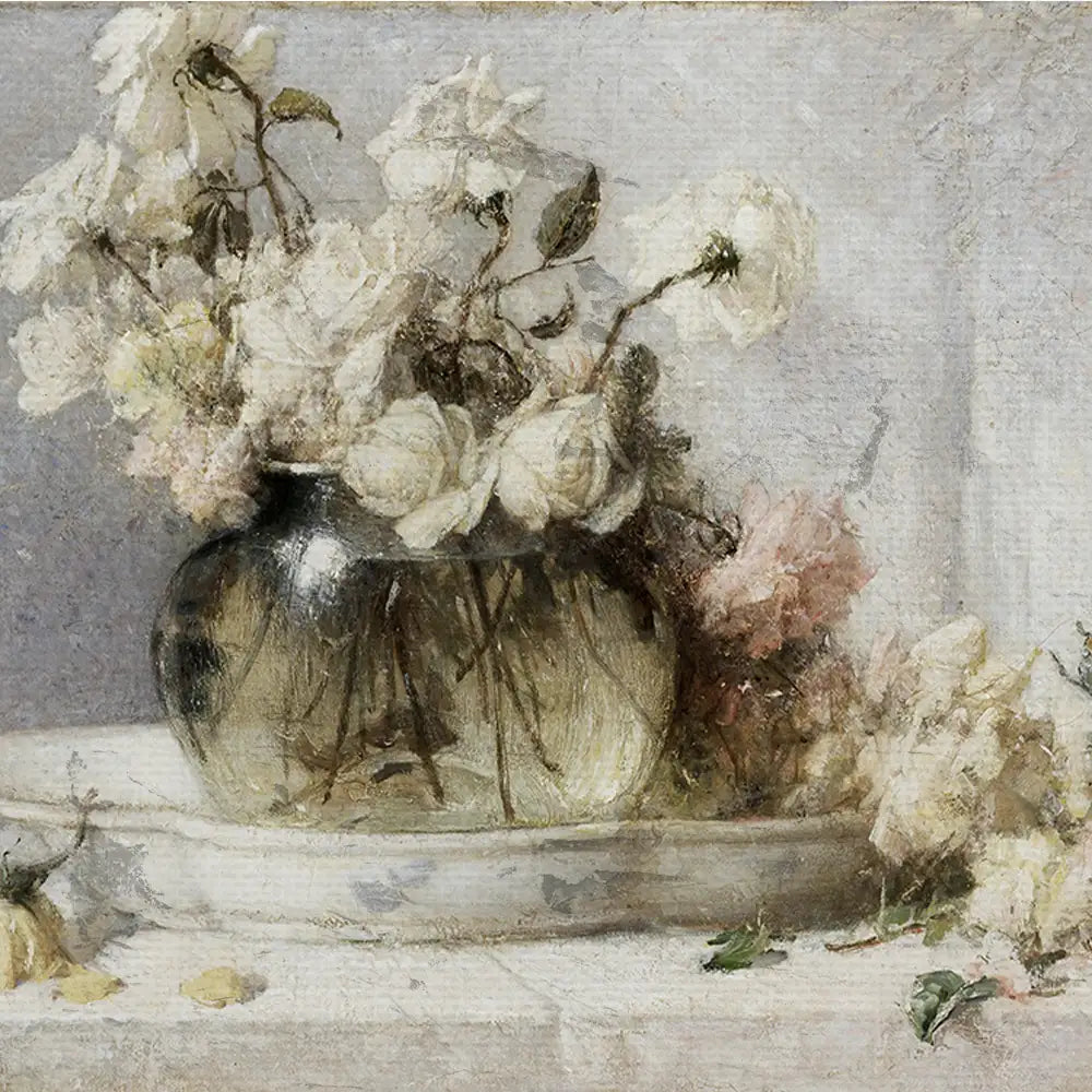Painting of a glass vase filled with white and light pink roses on a white plate with scattered petals.