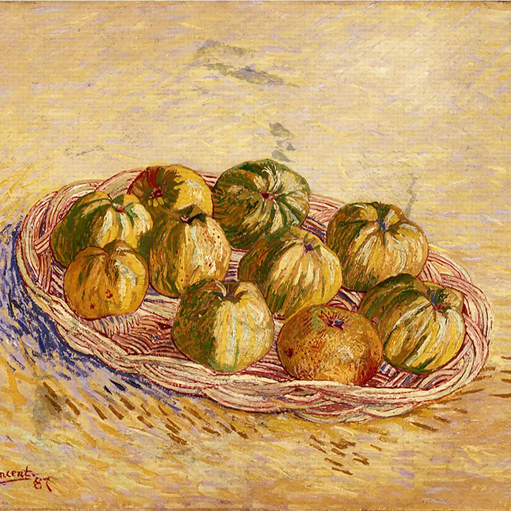 Still life painting of a woven basket filled with various green and yellow apples against a textured yellow background.