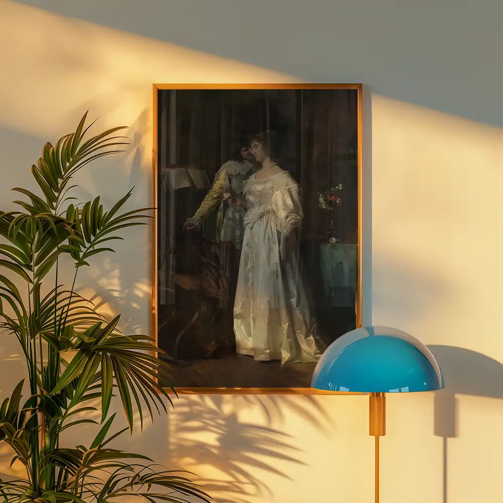 A classic framed painting of a couple in an intimate moment, featuring a woman in a white gown and a man in a green outfit, displayed on a wall with natural light and modern decor elements.