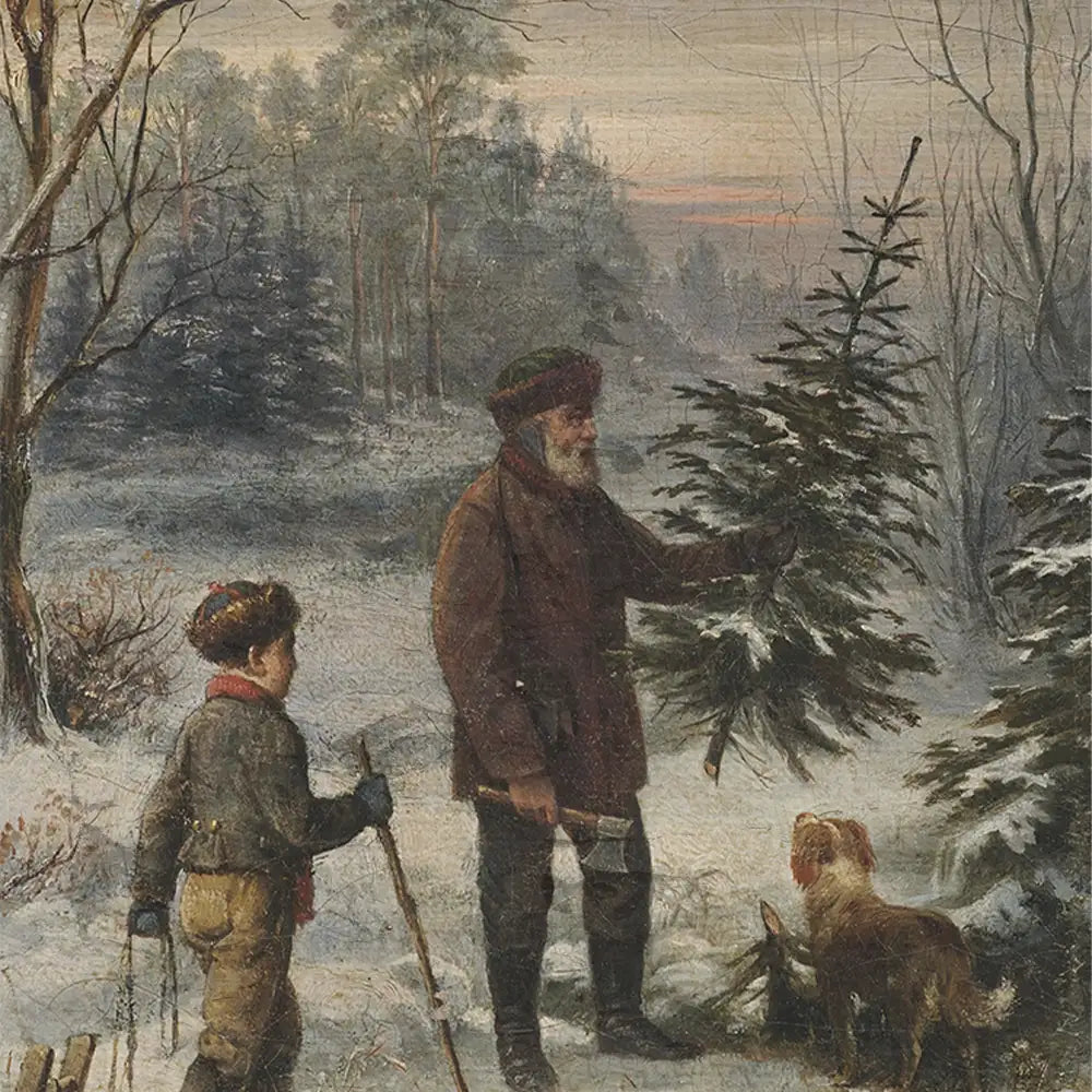 A serene winter scene depicting a boy and an elderly man gathering evergreen trees, accompanied by a dog amidst snow-covered trees and a softly lit sky.