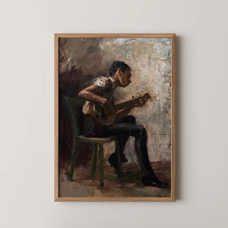 Painting of a musician sitting on a chair, playing a string instrument, with an abstract background in earthy tones, framed in wood.