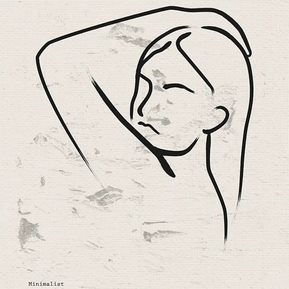 Modern minimalist poster featuring a line drawing of a woman with long hair, showcasing elegance and simplicity in art.