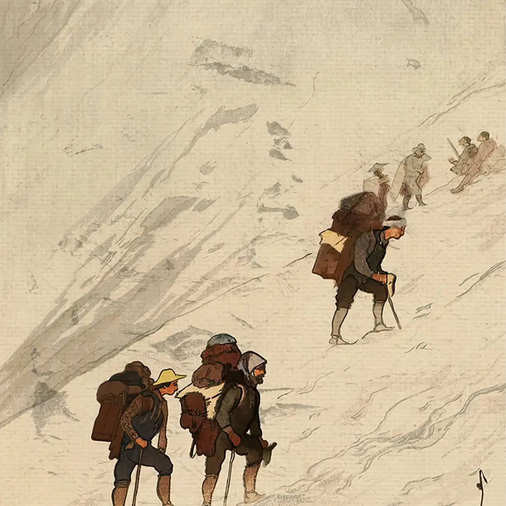 Illustration of mountaineers ascending a snowy slope, carrying backpacks, with two climbers seated in the background.