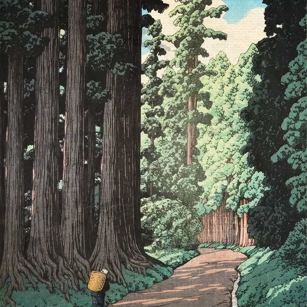 A serene landscape painting featuring tall trees lining a winding path with a figure carrying a backpack.
