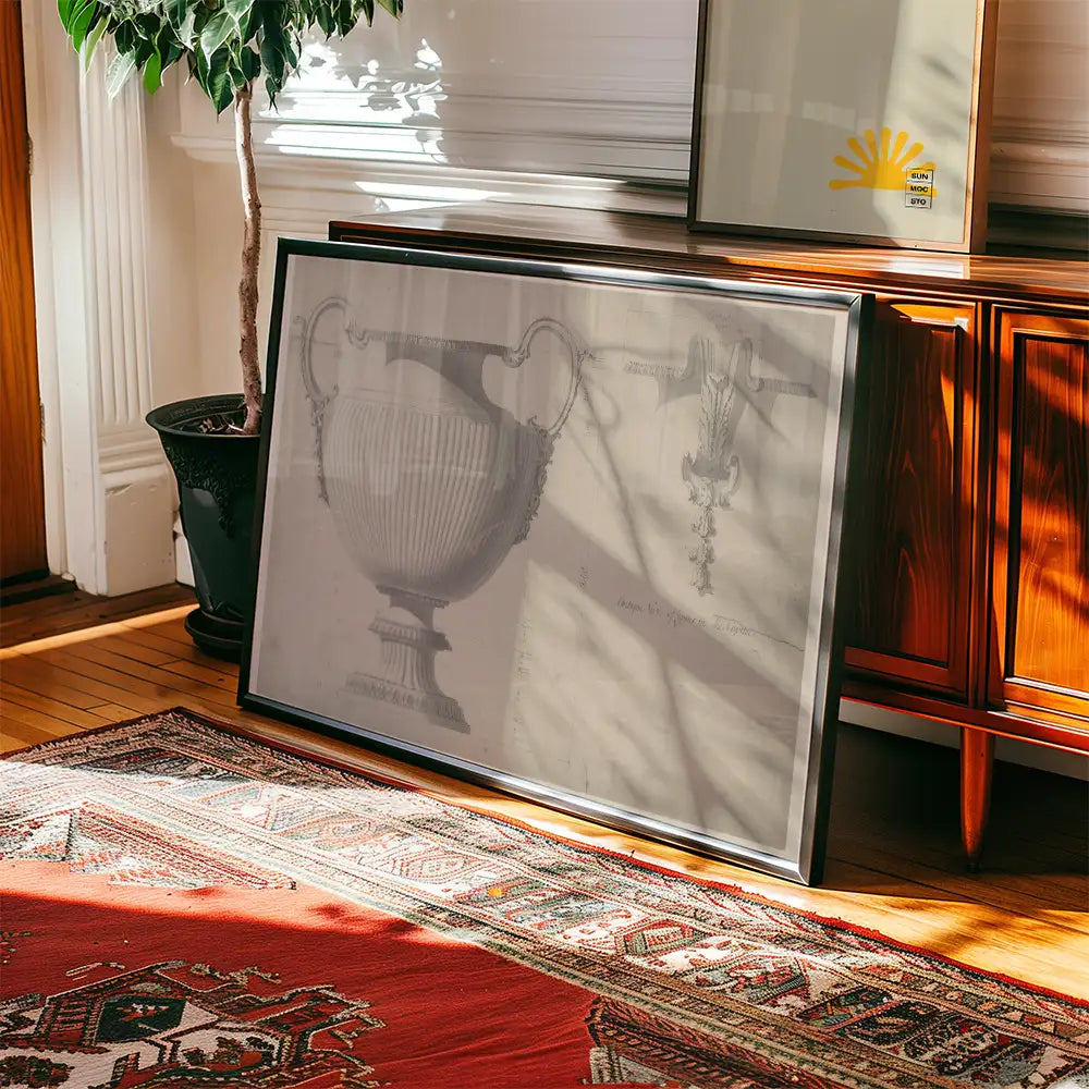 Artistic black and white framed drawing of a decorative urn displayed on a wooden cabinet with a patterned rug underneath and a potted plant beside.