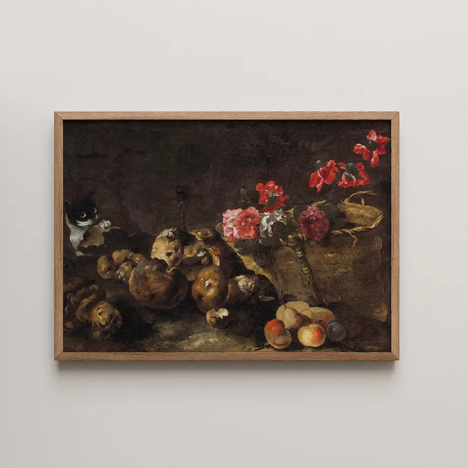 Still life painting featuring flowers, fruits, and small animals in a dark setting, framed in a wooden frame.
