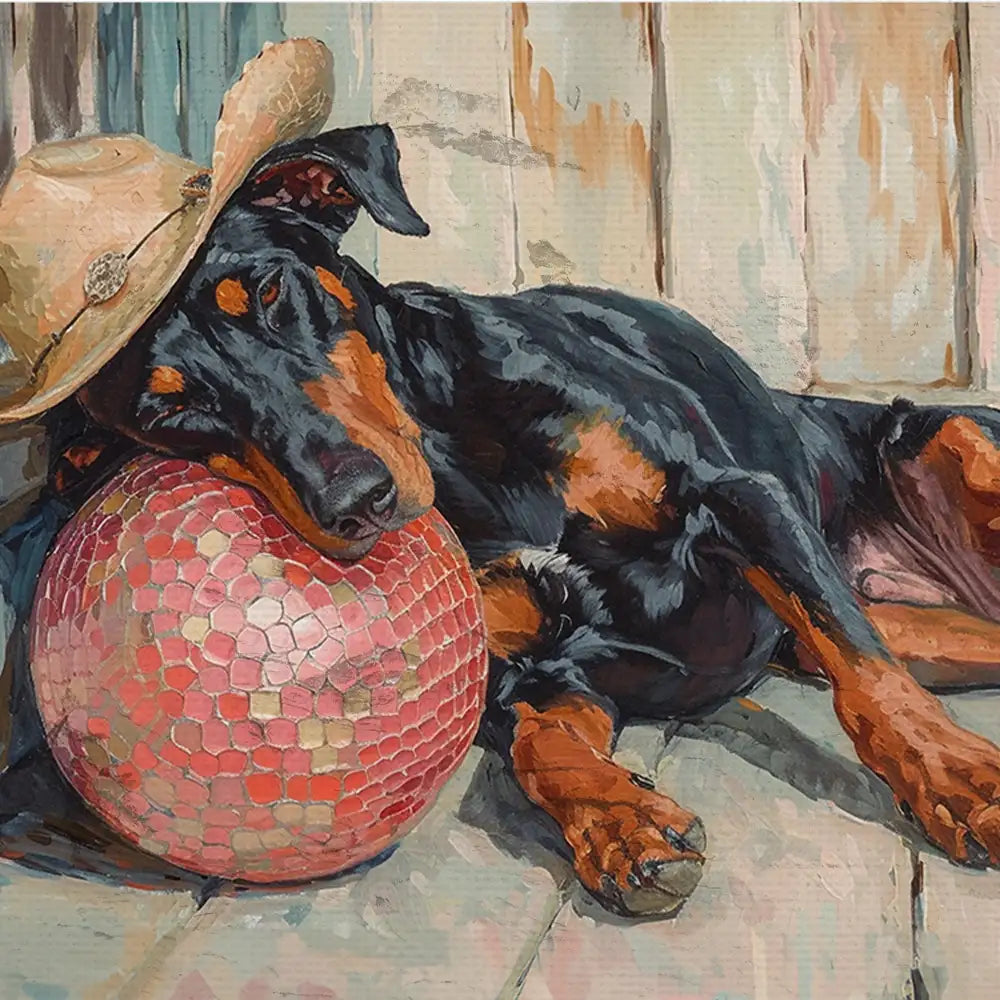 Sleeping Doberman resting its head on a colorful ball, wearing a cowboy hat, in a vibrant and artistic style.