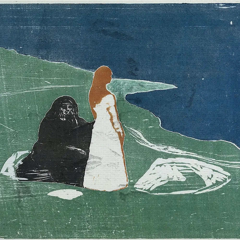 Colorful abstract painting featuring a figure in a dark cloak seated beside a standing figure in a white dress, set against a blue and green landscape.