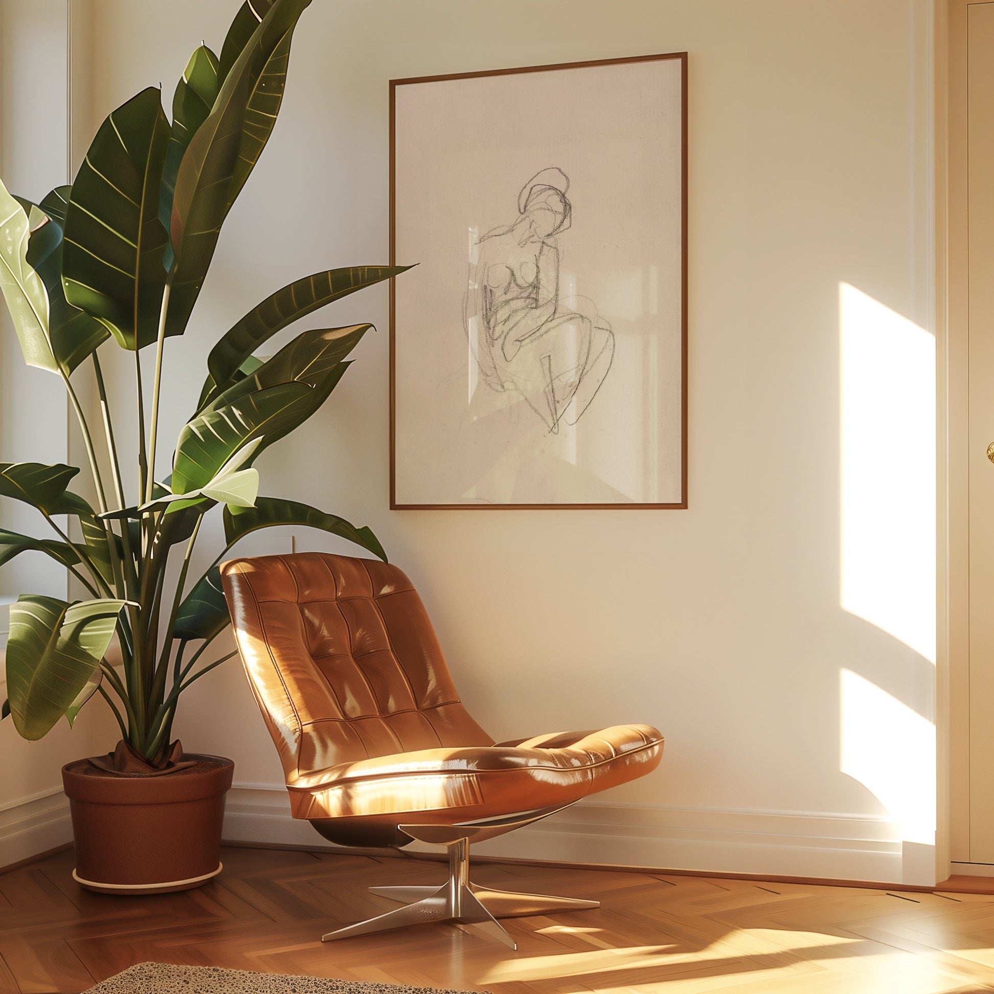 A modern chair beside a large tropical plant, with a minimalist framed artwork featuring a simple line drawing of a seated figure on the wall, illuminated by sunlight.