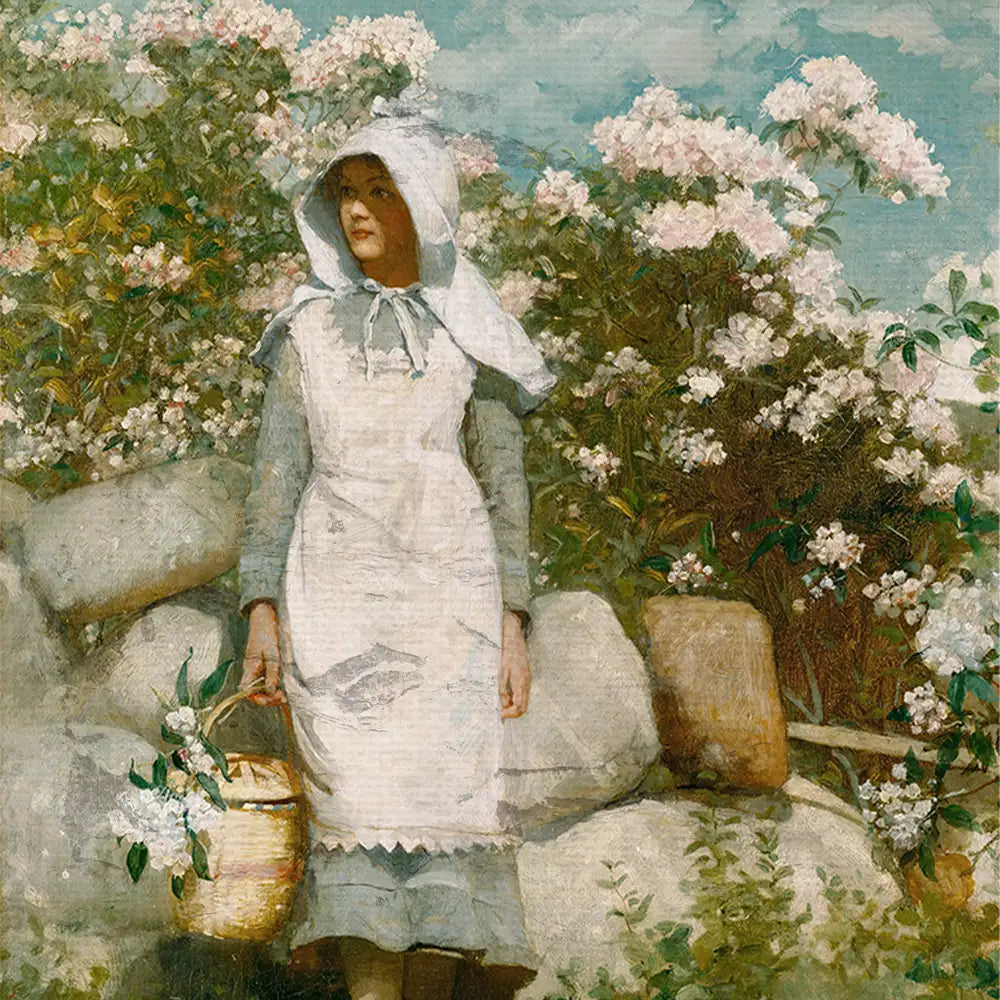 A young woman in a white apron and bonnet stands among blooming flowers, holding a woven basket with blossoms, set against a backdrop of rocks and greenery.
