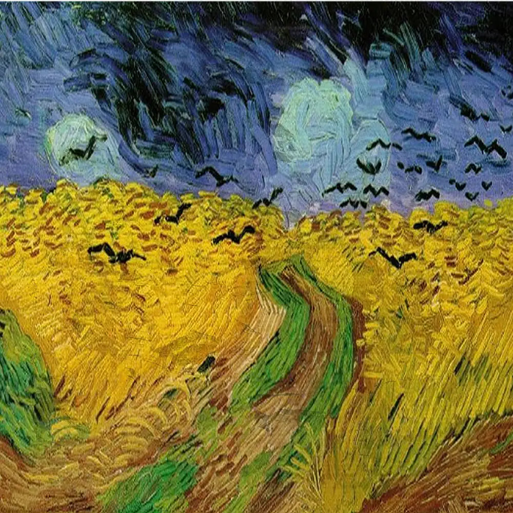 Vincent van Gogh style painting of a yellow wheat field under a dark sky with flying crows.