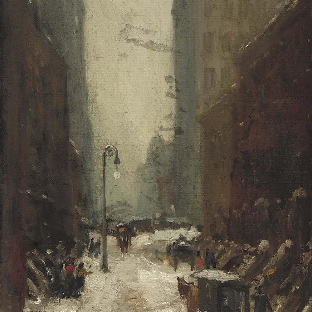 A winter street scene painting depicting a narrow alley with tall buildings, a streetlamp, and figures in the snow.