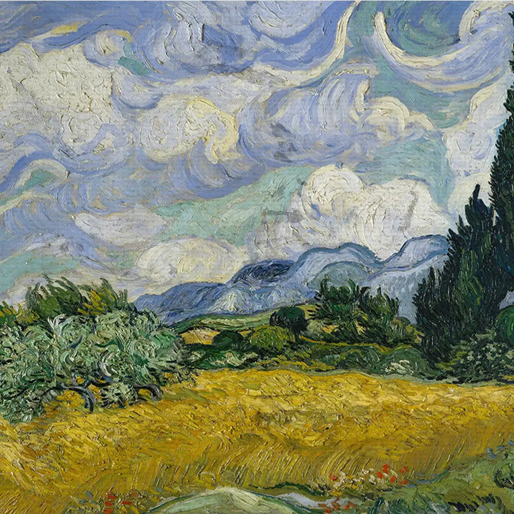 Vibrant landscape painting with rolling hills, green trees, and a dramatic sky filled with swirling clouds in shades of blue and white.
