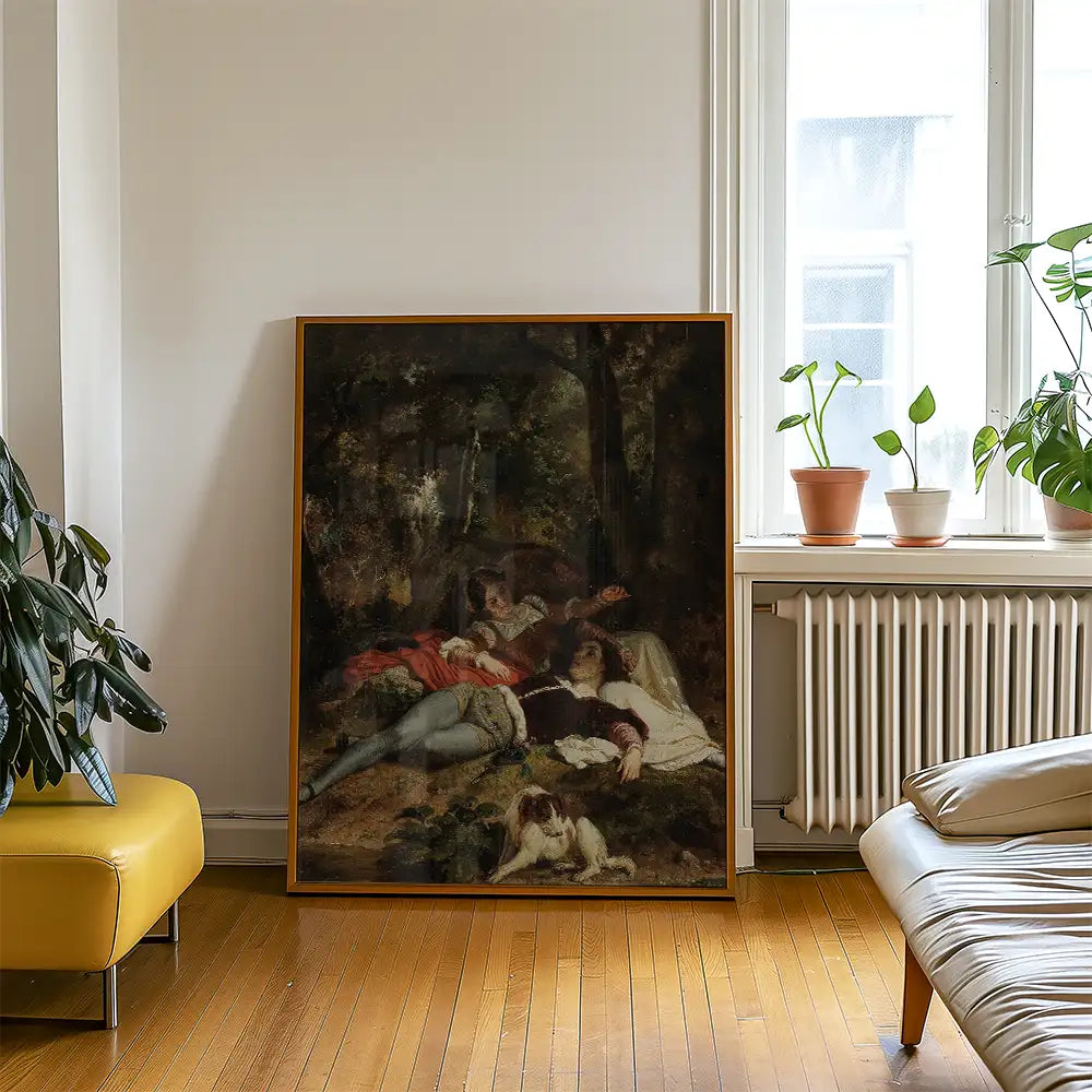 Vintage painting of two figures resting in a lush landscape, framed and displayed in a modern living room setting with plants and furniture.