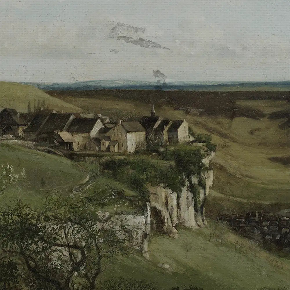 Landscape painting featuring a small village perched on a cliff, surrounded by rolling hills and a cloudy sky.
